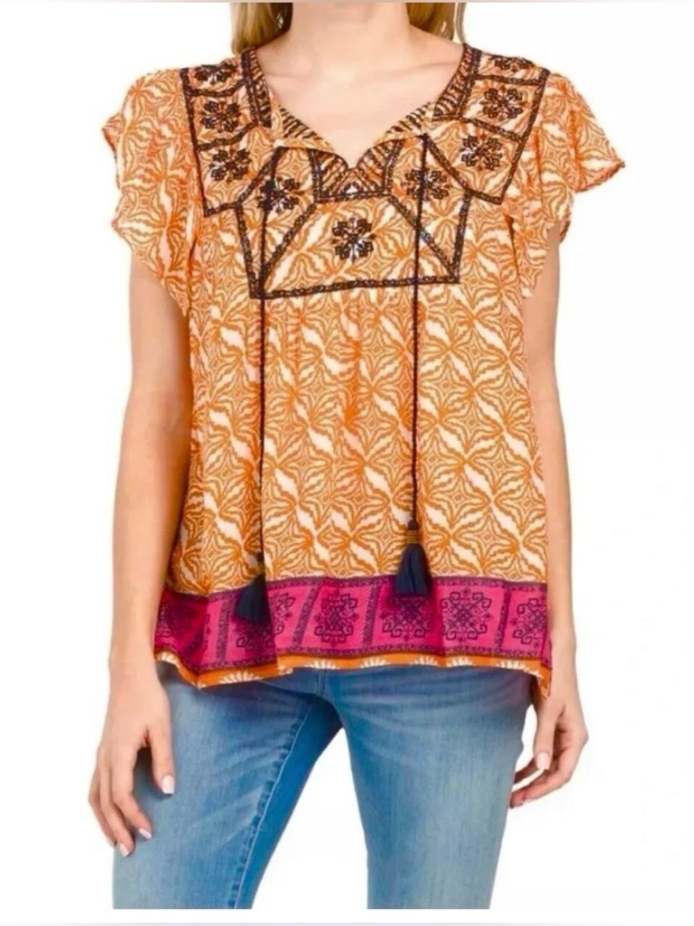 Rachel Zoe Boho Tassel Tie Orange Printed Peasant Embroidered Blouse